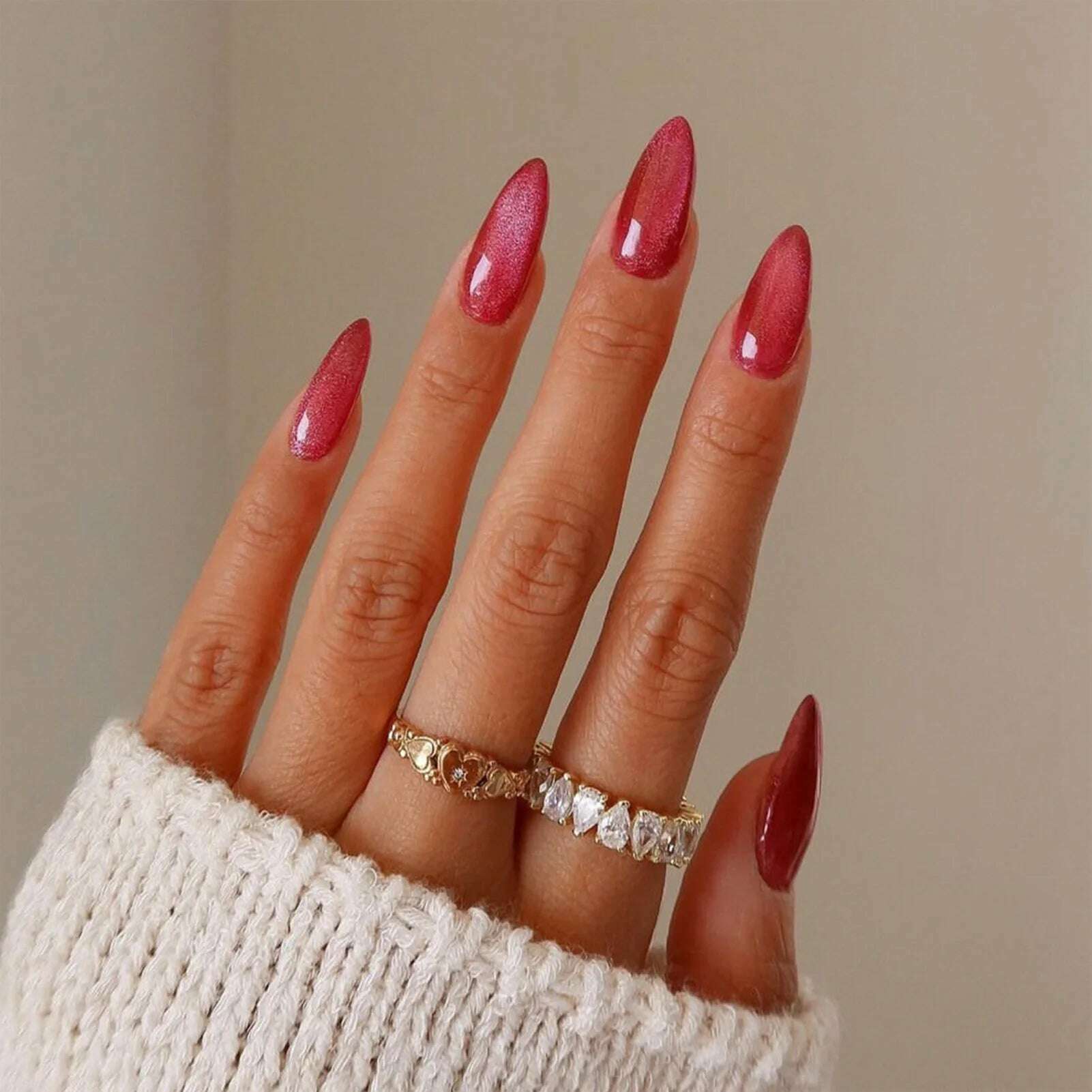 24pcs Pink Shiny Press-on Nails Cat Eye Glitter Artificial Nail Patch For Lady Women Manicure DIY Art Supplies with Jelly Glue - KIMLUD