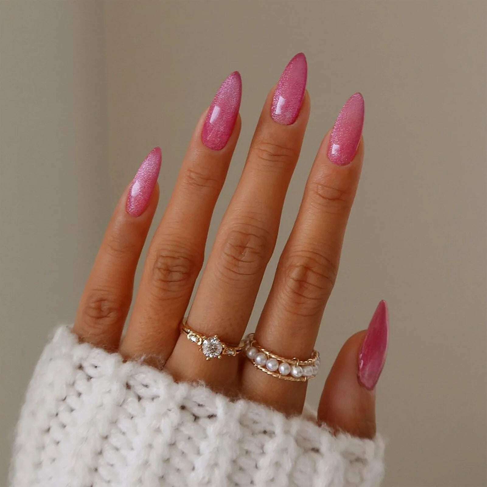 24pcs Pink Shiny Press-on Nails Cat Eye Glitter Artificial Nail Patch For Lady Women Manicure DIY Art Supplies with Jelly Glue - KIMLUD