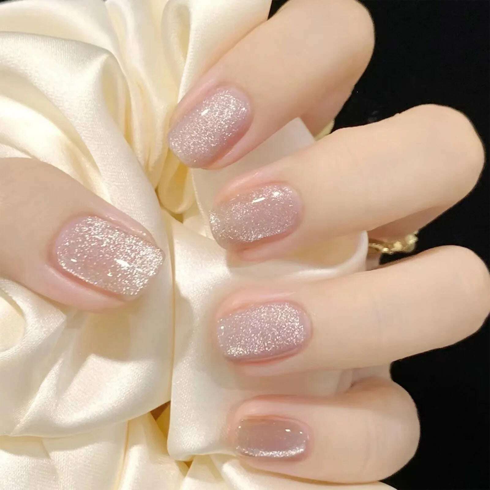 24pcs Pink Shiny Press-on Nails Cat Eye Glitter Artificial Nail Patch For Lady Women Manicure DIY Art Supplies with Jelly Glue - KIMLUD