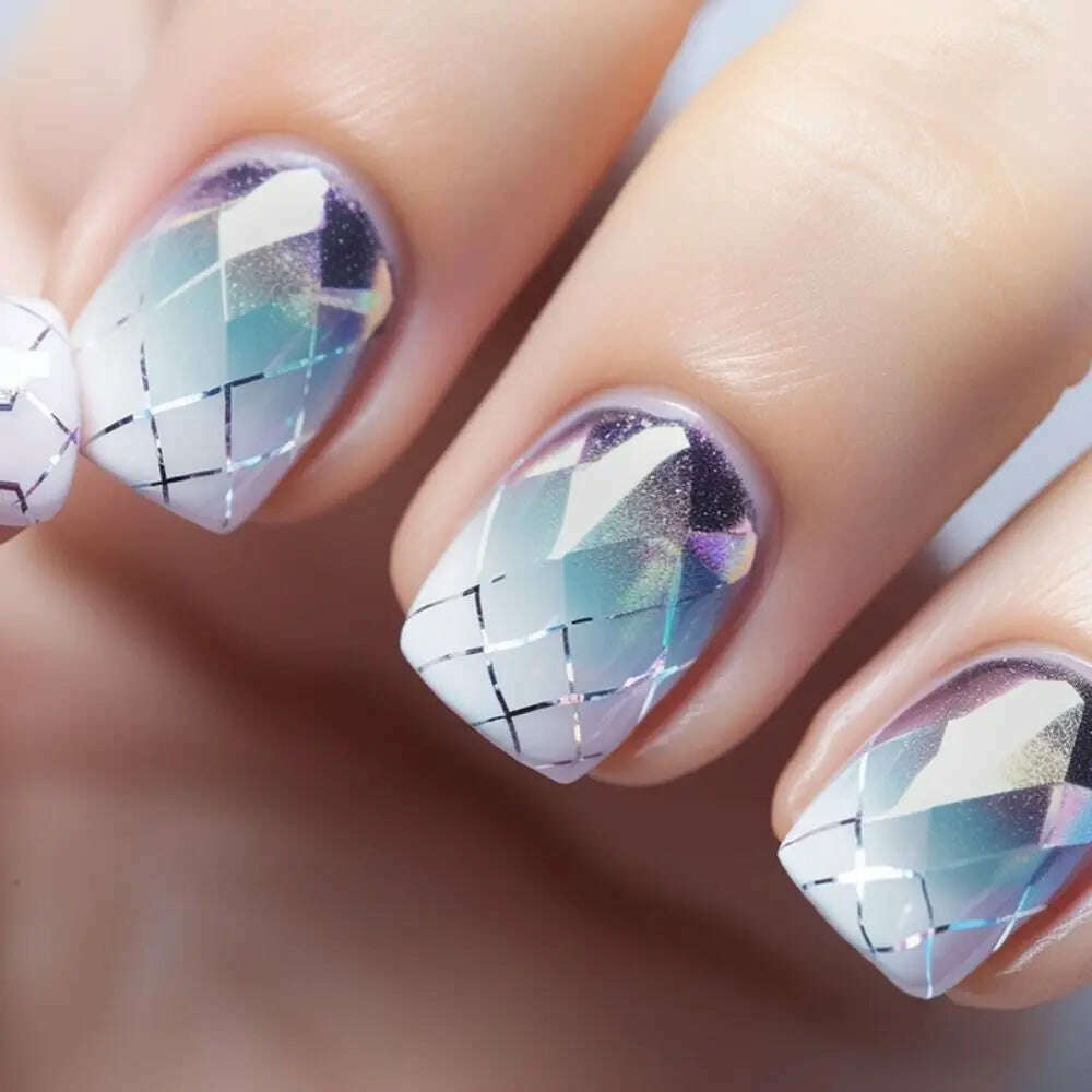 24pcs Short Round False Nails French Blue Sparkling Pearl White Wavy Love Heart Full Cover Detachable Press On Nail Tips - KIMLUD