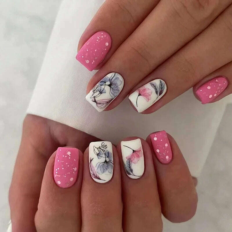 24pcs Short Round False Nails French Blue Sparkling Pearl White Wavy Love Heart Full Cover Detachable Press On Nail Tips - KIMLUD
