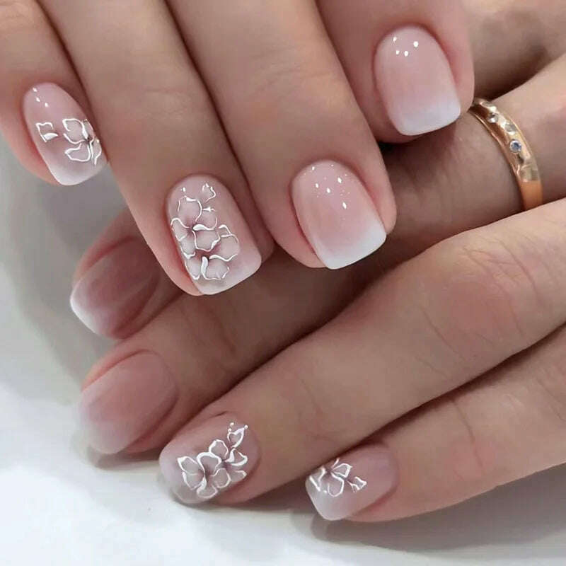 24pcs Short Round False Nails French Blue Sparkling Pearl White Wavy Love Heart Full Cover Detachable Press On Nail Tips - KIMLUD