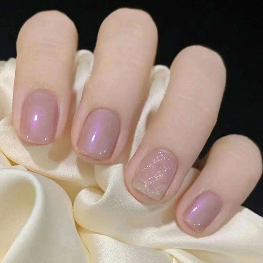 24pcs Short Round False Nails French Blue Sparkling Pearl White Wavy Love Heart Full Cover Detachable Press On Nail Tips - KIMLUD