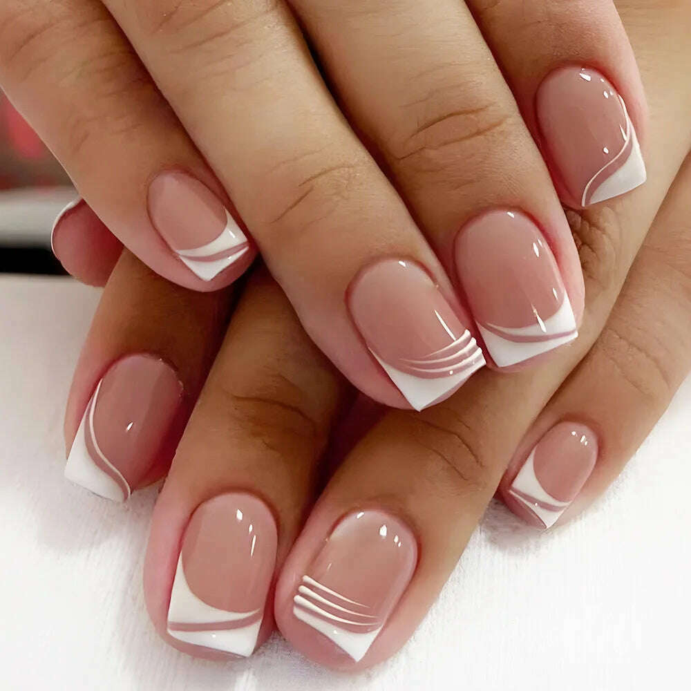 24pcs Short Round False Nails French Blue Sparkling Pearl White Wavy Love Heart Full Cover Detachable Press On Nail Tips - KIMLUD