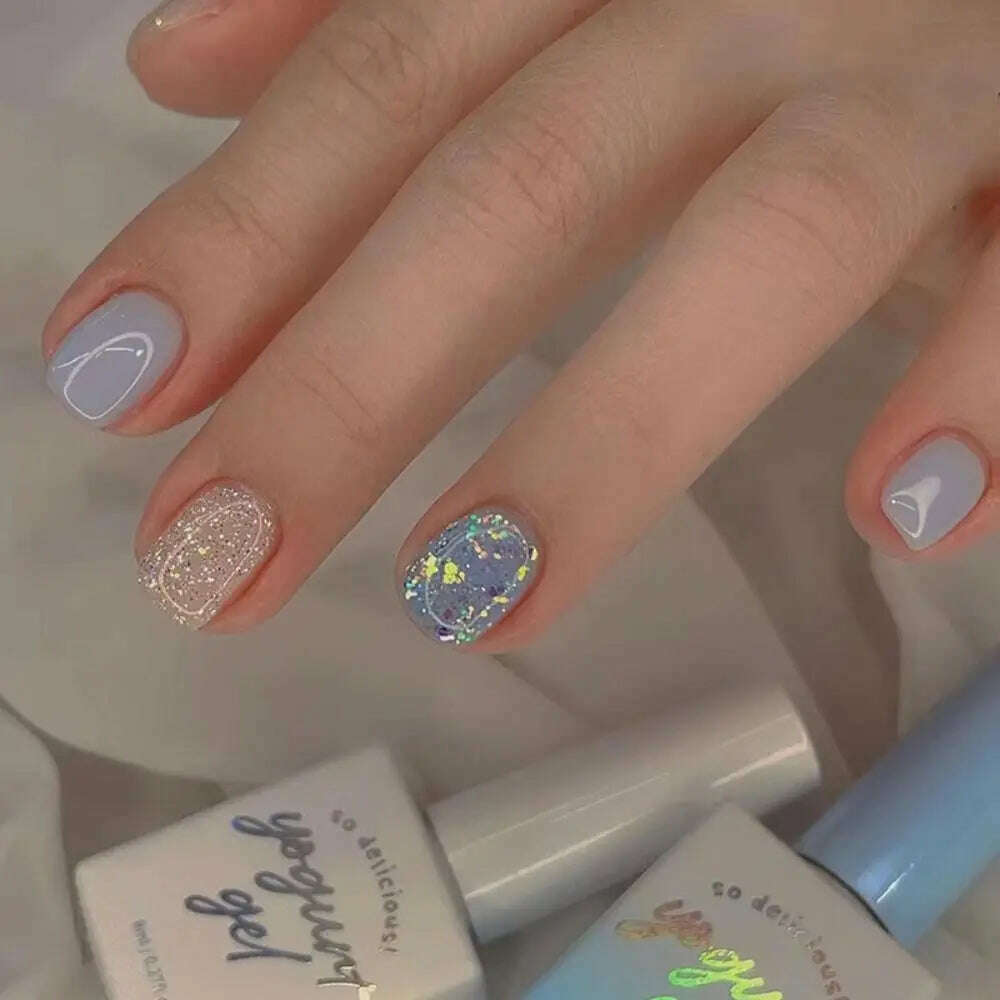 24pcs Short Round False Nails French Blue Sparkling Pearl White Wavy Love Heart Full Cover Detachable Press On Nail Tips - KIMLUD