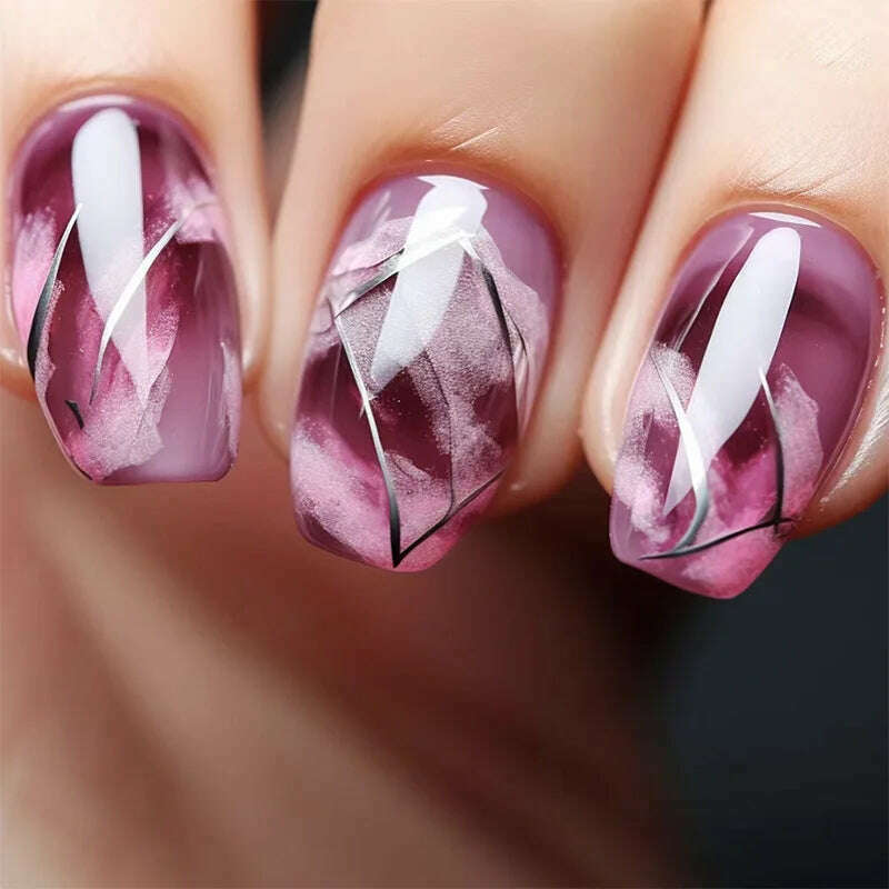 24pcs Short Round False Nails French Blue Sparkling Pearl White Wavy Love Heart Full Cover Detachable Press On Nail Tips - KIMLUD