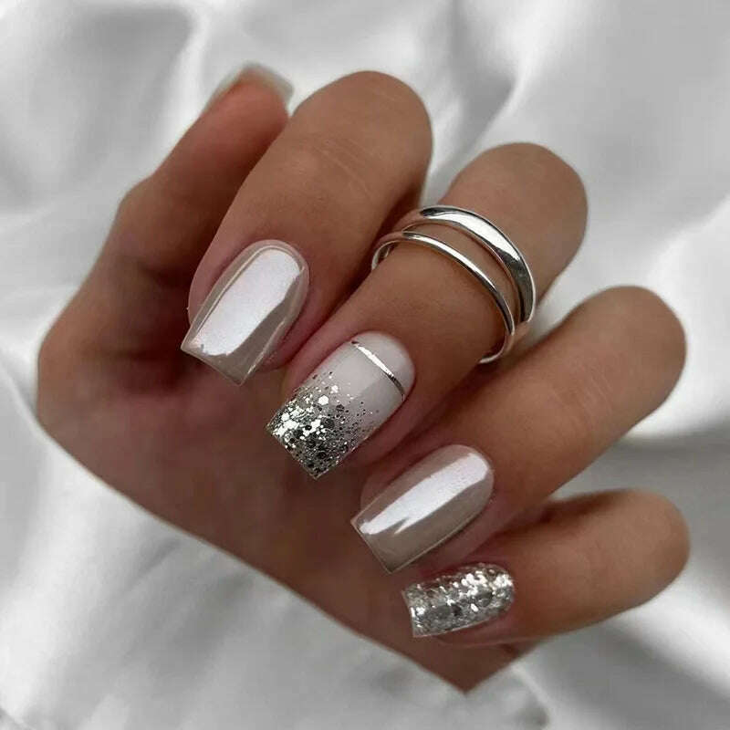 24pcs Short Round False Nails French Blue Sparkling Pearl White Wavy Love Heart Full Cover Detachable Press On Nail Tips - KIMLUD