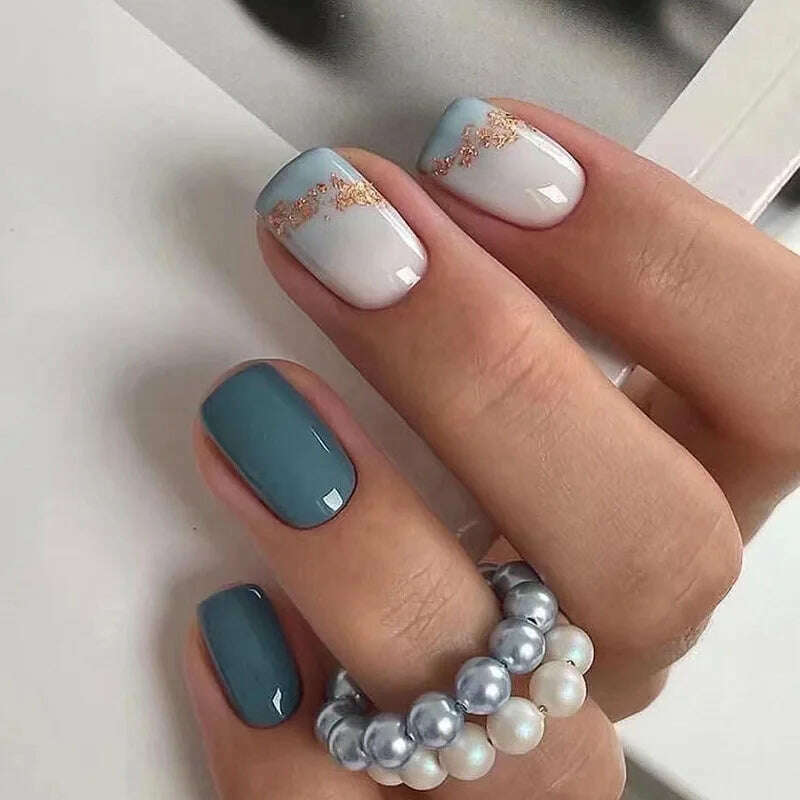 24pcs Short Round False Nails French Blue Sparkling Pearl White Wavy Love Heart Full Cover Detachable Press On Nail Tips - KIMLUD