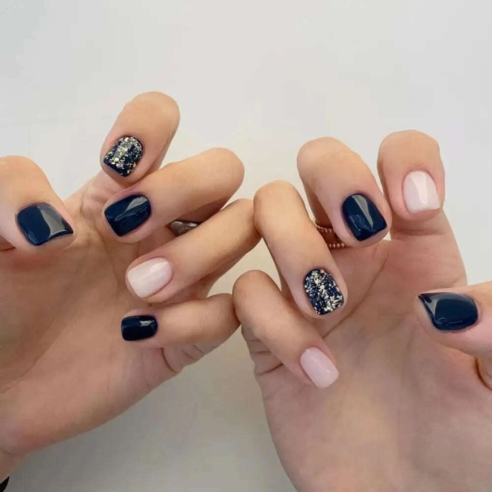 24pcs Short Round False Nails French Blue Sparkling Pearl White Wavy Love Heart Full Cover Detachable Press On Nail Tips - KIMLUD