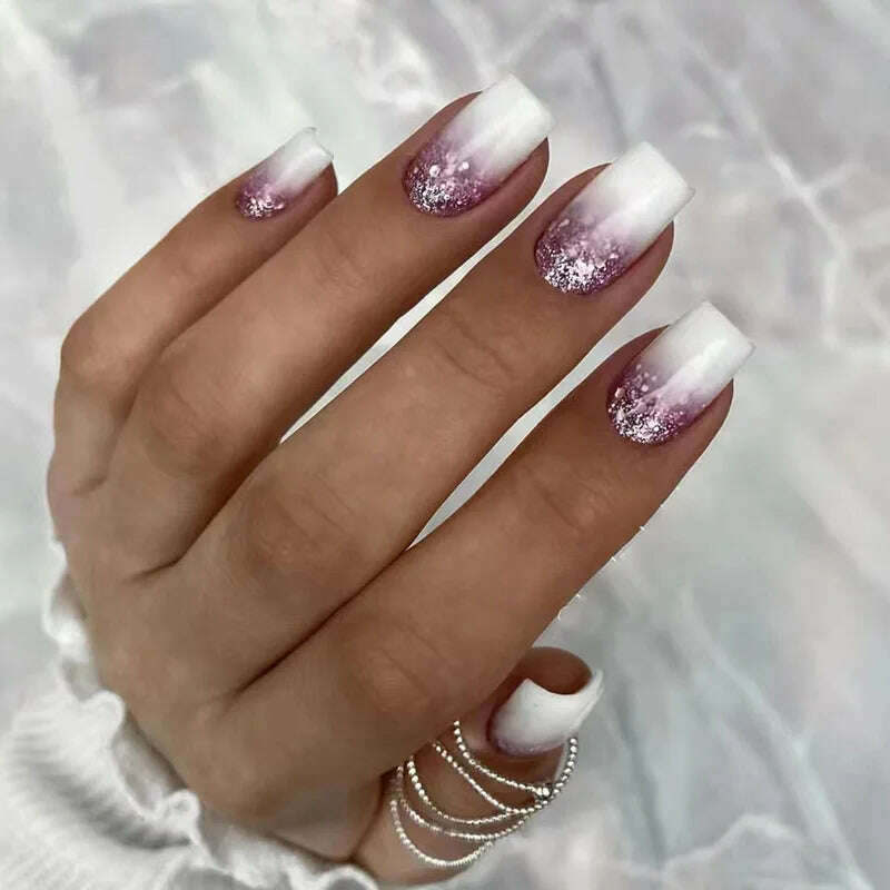 24pcs Short Round False Nails French Blue Sparkling Pearl White Wavy Love Heart Full Cover Detachable Press On Nail Tips - KIMLUD