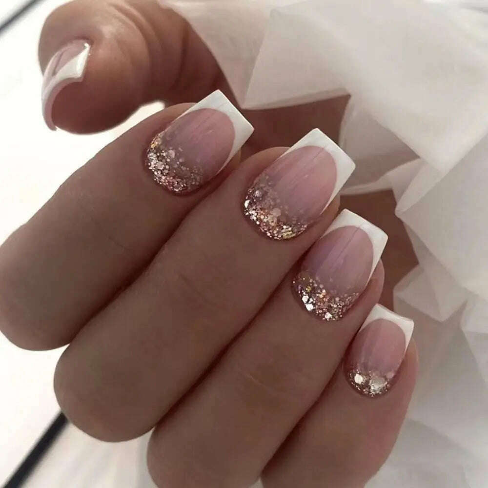 24pcs Short Round False Nails French Blue Sparkling Pearl White Wavy Love Heart Full Cover Detachable Press On Nail Tips - KIMLUD