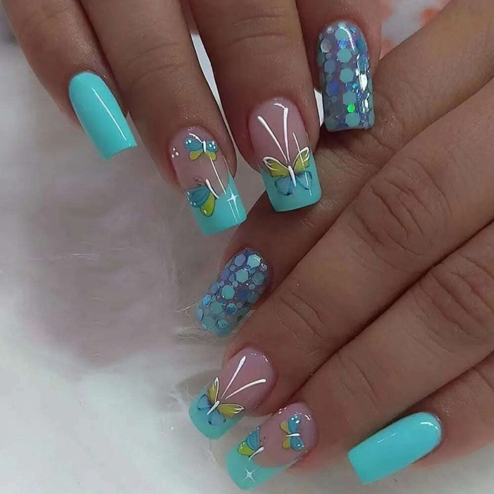 24pcs Short Round False Nails French Blue Sparkling Pearl White Wavy Love Heart Full Cover Detachable Press On Nail Tips - KIMLUD