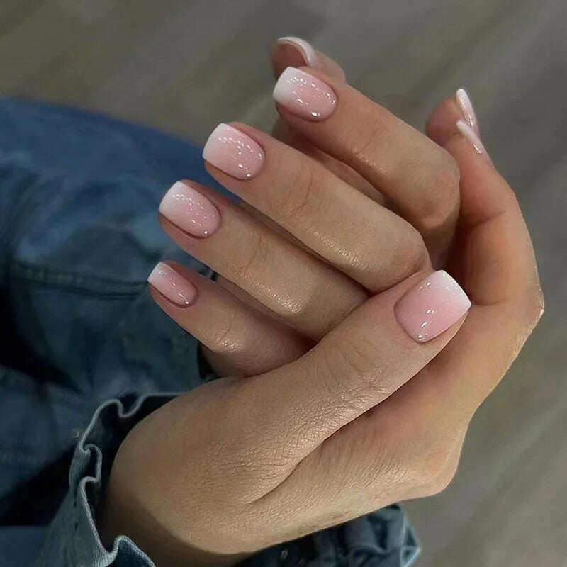 24pcs Short Round False Nails French Blue Sparkling Pearl White Wavy Love Heart Full Cover Detachable Press On Nail Tips - KIMLUD