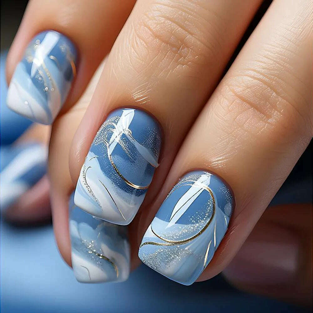 24pcs Short Round False Nails French Blue Sparkling Pearl White Wavy Love Heart Full Cover Detachable Press On Nail Tips - KIMLUD