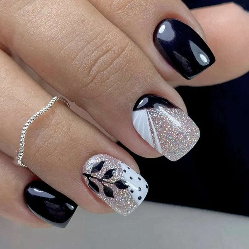 24pcs Short Square False Nails Glitter Flower Wave French Fake Nails Manicure Full Cover Detachable Nail Tips Press on Nails - KIMLUD