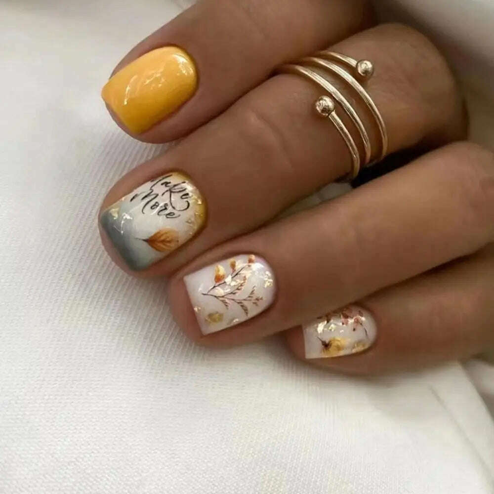 24pcs Short Square False Nails Glitter Flower Wave French Fake Nails Manicure Full Cover Detachable Nail Tips Press on Nails - KIMLUD