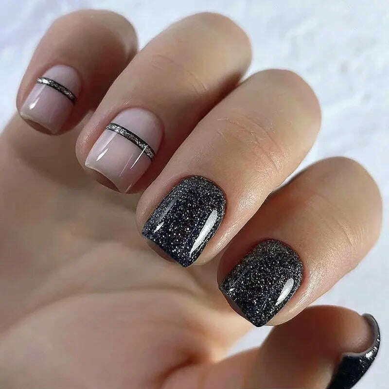 24pcs Short Square False Nails Glitter Flower Wave French Fake Nails Manicure Full Cover Detachable Nail Tips Press on Nails - KIMLUD