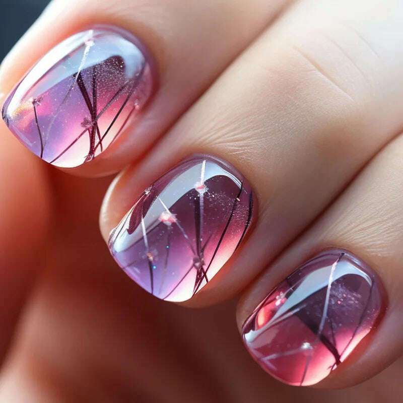 24pcs Short Square False Nails Glitter Flower Wave French Fake Nails Manicure Full Cover Detachable Nail Tips Press on Nails - KIMLUD