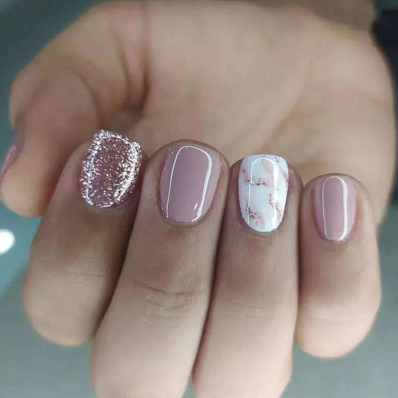 24pcs Short Square False Nails Glitter Flower Wave French Fake Nails Manicure Full Cover Detachable Nail Tips Press on Nails - KIMLUD