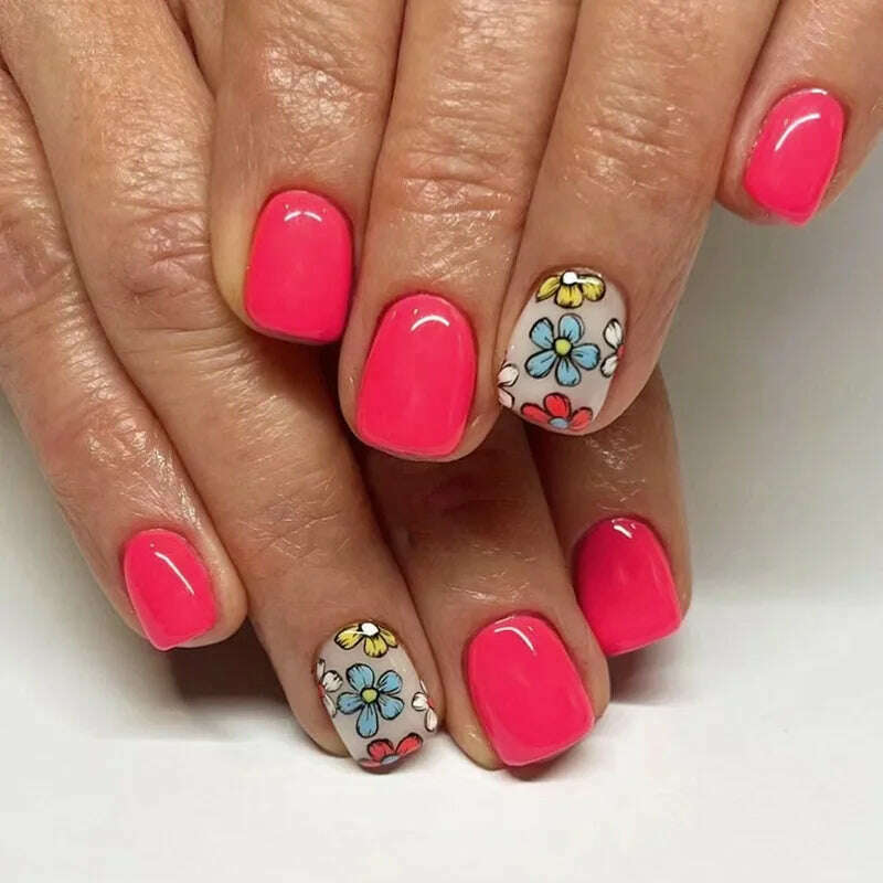 24pcs Short Square False Nails Glitter Flower Wave French Fake Nails Manicure Full Cover Detachable Nail Tips Press on Nails - KIMLUD