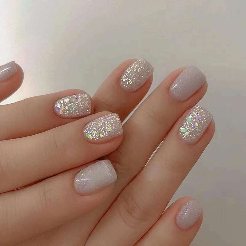 24pcs Short Square False Nails Glitter Flower Wave French Fake Nails Manicure Full Cover Detachable Nail Tips Press on Nails - KIMLUD