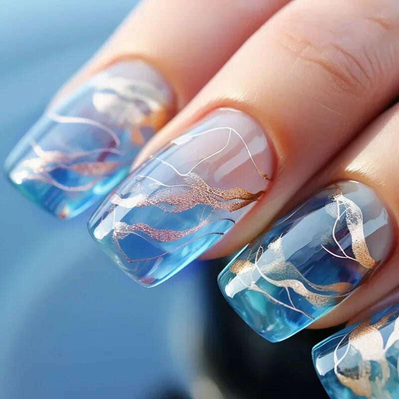 24Pcs Simple Square False Nails Short French Fake Nails Press on Colorful Flowers Design Full Cover Nail Tips Manicure Tools - KIMLUD