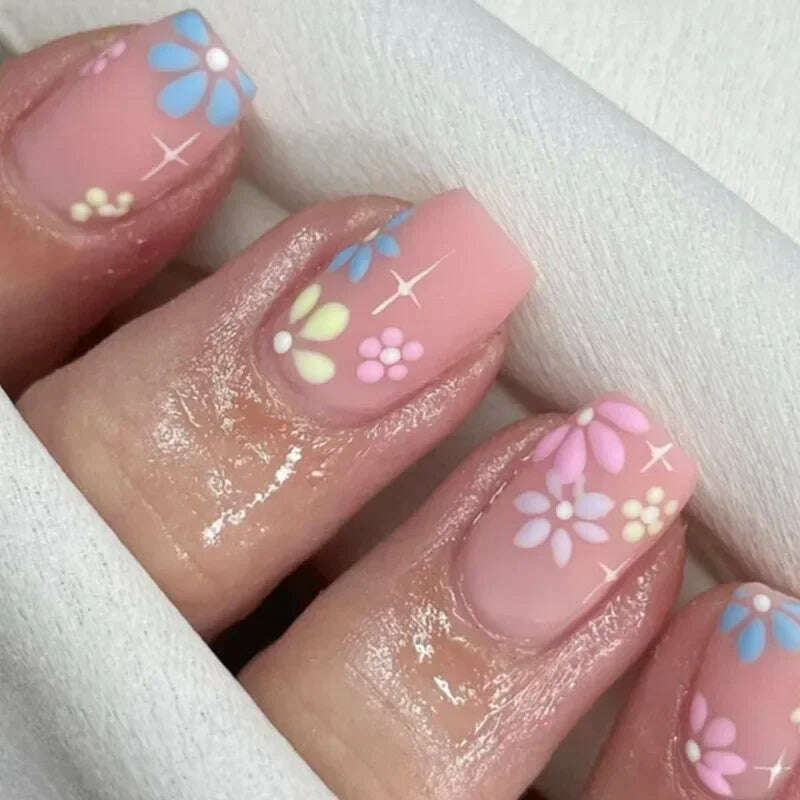 24Pcs Simple Square False Nails Short French Fake Nails Press on Colorful Flowers Design Full Cover Nail Tips Manicure Tools - KIMLUD