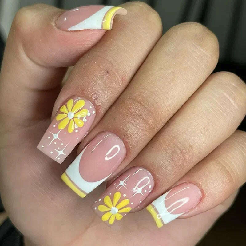 24Pcs Simple Square False Nails Short French Fake Nails Press on Colorful Flowers Design Full Cover Nail Tips Manicure Tools - KIMLUD