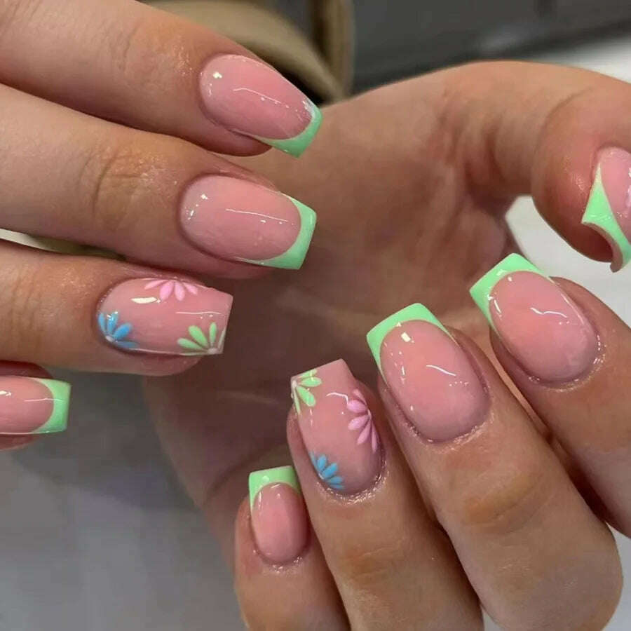 24Pcs Simple Square False Nails Short French Fake Nails Press on Colorful Flowers Design Full Cover Nail Tips Manicure Tools - KIMLUD