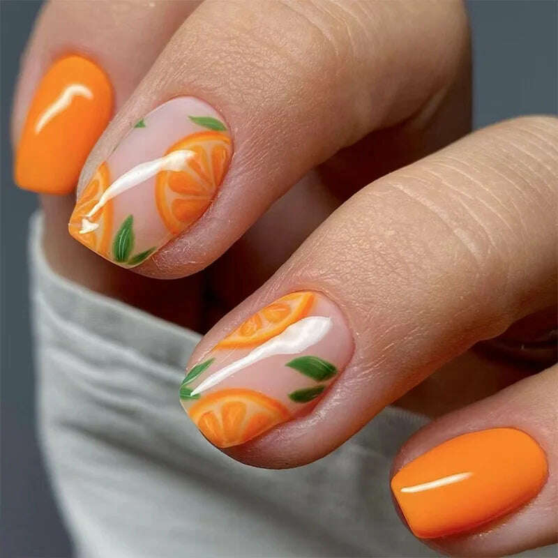 24Pcs Simple Square False Nails Short French Fake Nails Press on Colorful Flowers Design Full Cover Nail Tips Manicure Tools - KIMLUD