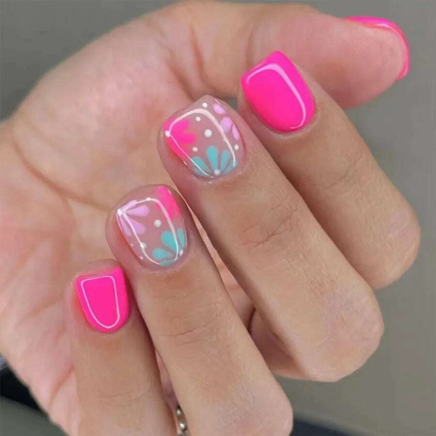 24Pcs Simple Square False Nails Short French Fake Nails Press on Colorful Flowers Design Full Cover Nail Tips Manicure Tools - KIMLUD