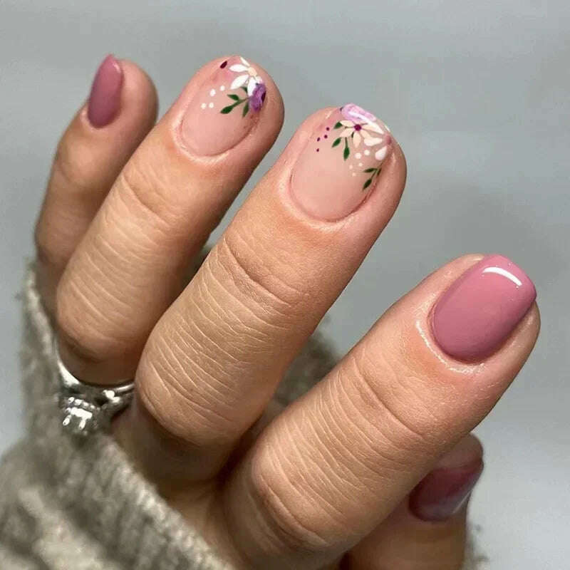 24Pcs Simple Square False Nails Short French Fake Nails Press on Colorful Flowers Design Full Cover Nail Tips Manicure Tools - KIMLUD