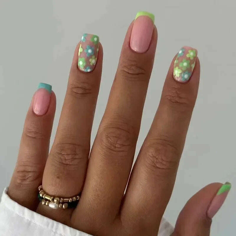 24Pcs Simple Square False Nails Short French Fake Nails Press on Colorful Flowers Design Full Cover Nail Tips Manicure Tools - KIMLUD