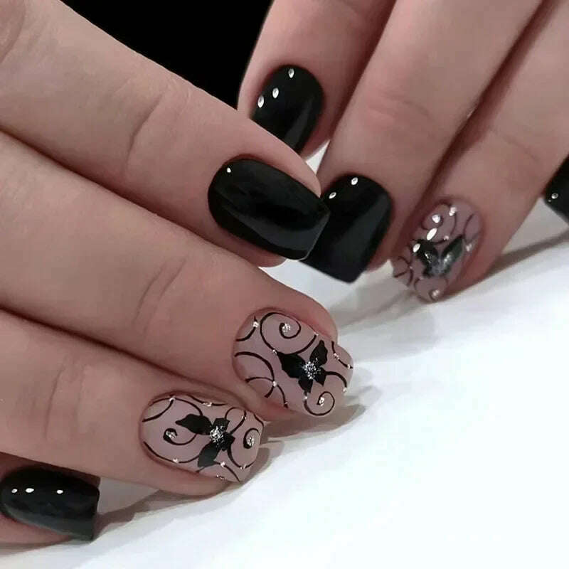 24Pcs Simple Square False Nails Short French Fake Nails Press on Colorful Flowers Design Full Cover Nail Tips Manicure Tools - KIMLUD