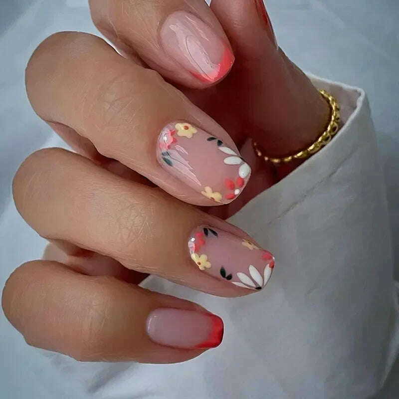 24Pcs Simple Square False Nails Short French Fake Nails Press on Colorful Flowers Design Full Cover Nail Tips Manicure Tools - KIMLUD