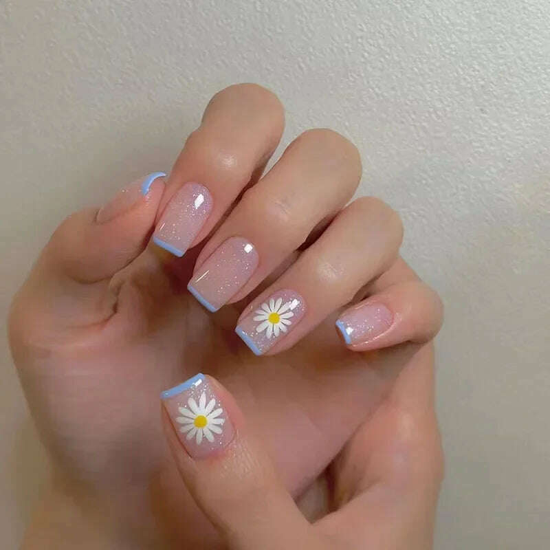 24Pcs Simple Square False Nails Short French Fake Nails Press on Colorful Flowers Design Full Cover Nail Tips Manicure Tools - KIMLUD