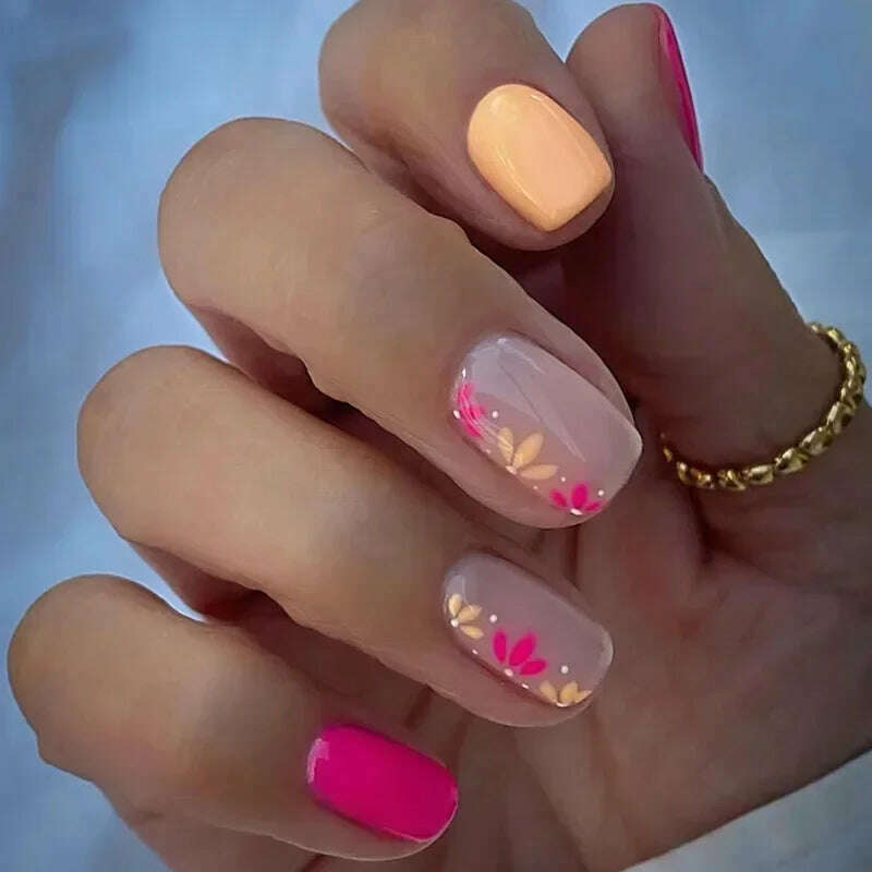 24Pcs Simple Square False Nails Short French Fake Nails Press on Colorful Flowers Design Full Cover Nail Tips Manicure Tools - KIMLUD