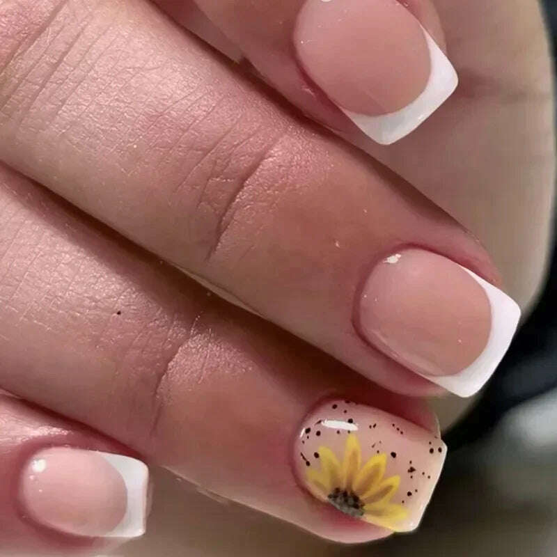 24Pcs Simple Square False Nails Short French Fake Nails Press on Colorful Flowers Design Full Cover Nail Tips Manicure Tools - KIMLUD
