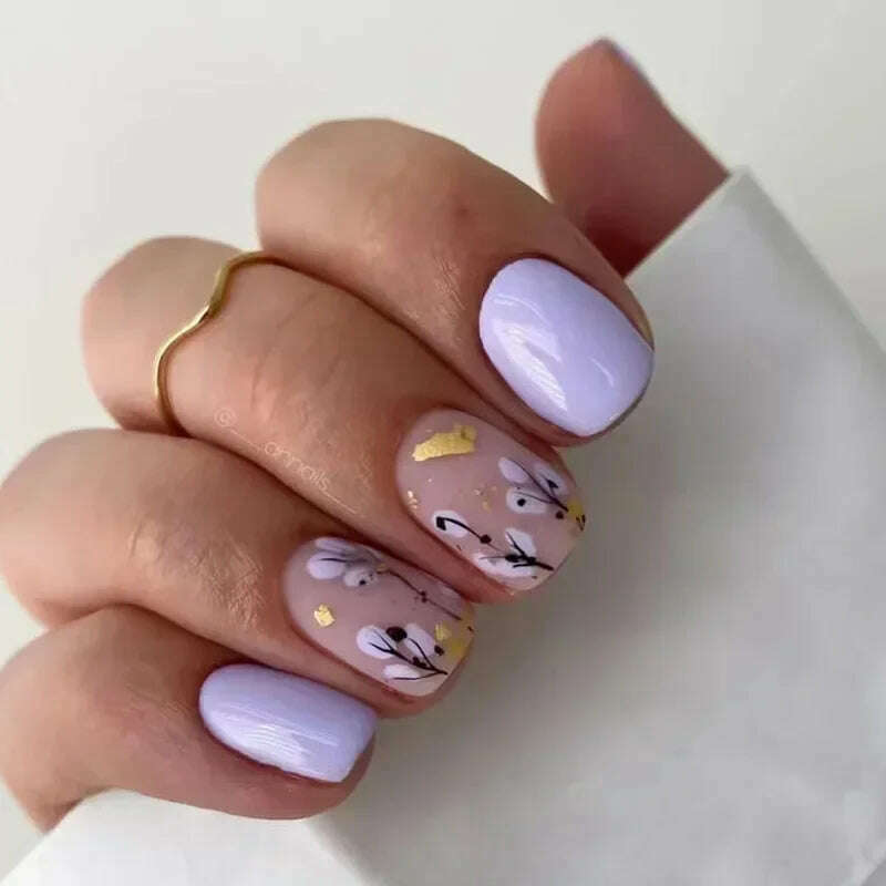 24Pcs Simple Square False Nails Short French Fake Nails Press on Colorful Flowers Design Full Cover Nail Tips Manicure Tools - KIMLUD