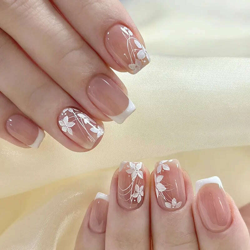 24Pcs Simple Square False Nails Short French Fake Nails Press on Colorful Flowers Design Full Cover Nail Tips Manicure Tools - KIMLUD
