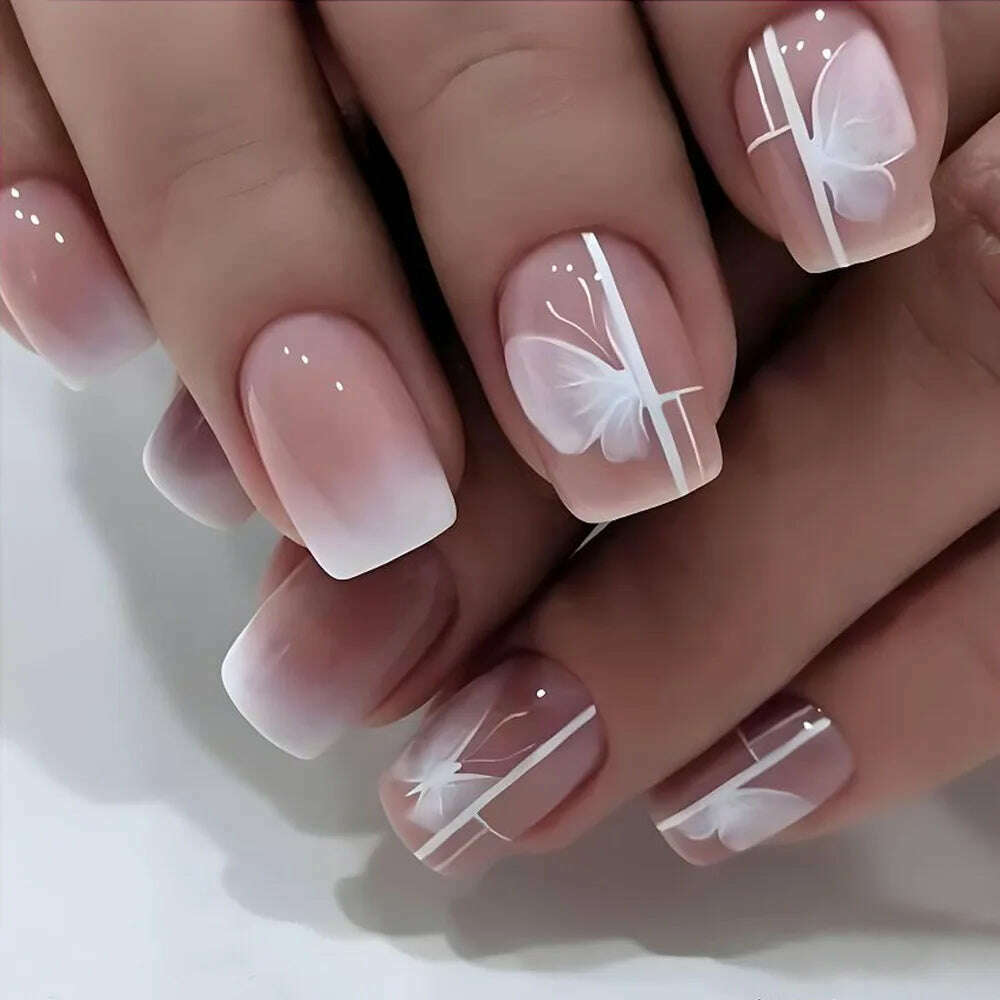 24Pcs Simple Square False Nails Short French Fake Nails Press on Colorful Flowers Design Full Cover Nail Tips Manicure Tools - KIMLUD