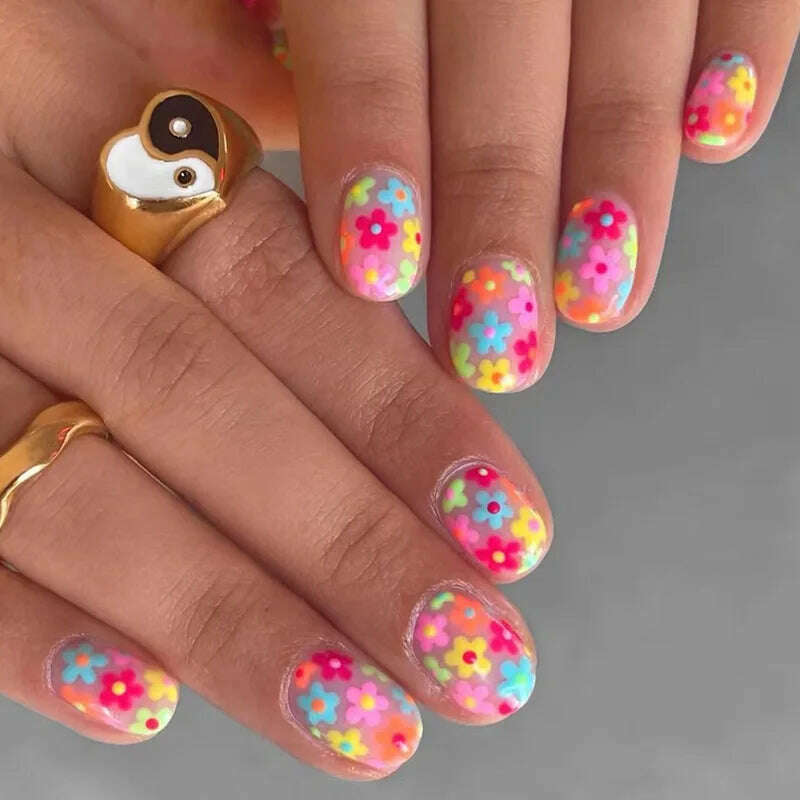 24Pcs Simple Square False Nails Short French Fake Nails Press on Colorful Flowers Design Full Cover Nail Tips Manicure Tools - KIMLUD