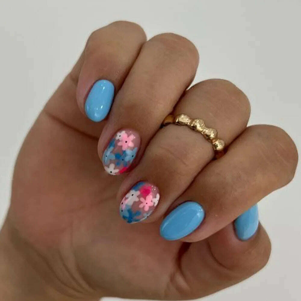 24Pcs Simple Square False Nails Short French Fake Nails Press on Colorful Flowers Design Full Cover Nail Tips Manicure Tools - KIMLUD