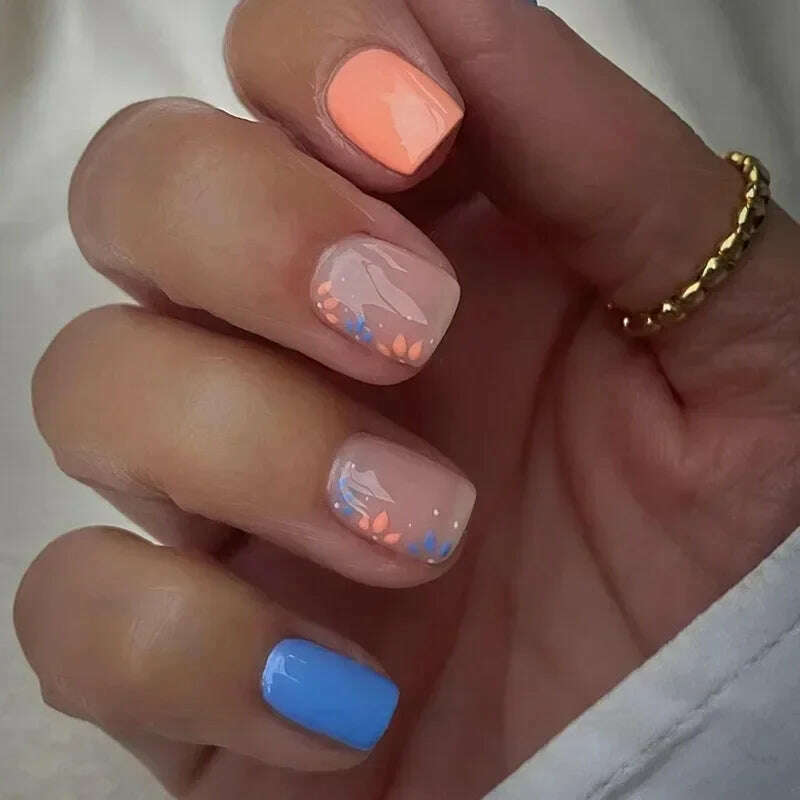 24Pcs Simple Square False Nails Short French Fake Nails Press on Colorful Flowers Design Full Cover Nail Tips Manicure Tools - KIMLUD