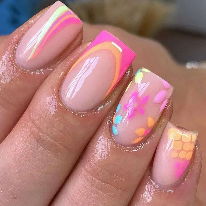24Pcs Simple Square False Nails Short French Fake Nails Press on Colorful Flowers Design Full Cover Nail Tips Manicure Tools - KIMLUD