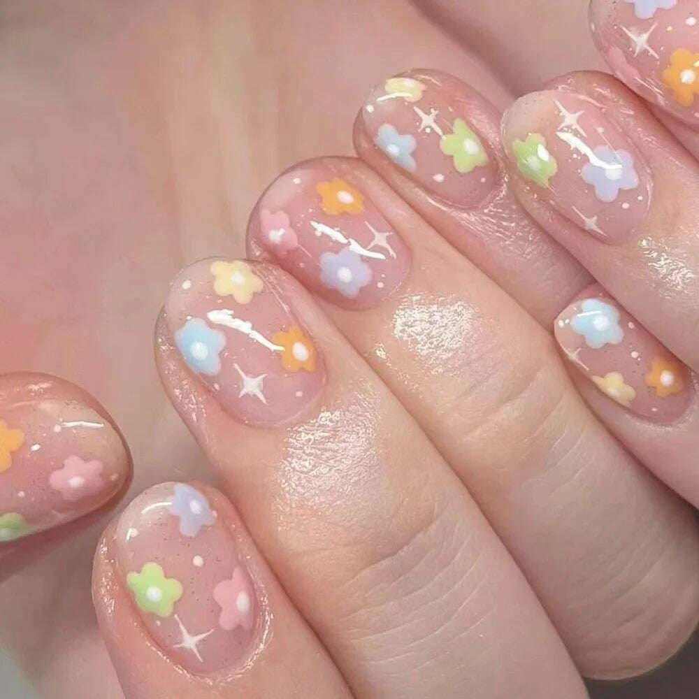 24Pcs Simple Square False Nails Short French Fake Nails Press on Colorful Flowers Design Full Cover Nail Tips Manicure Tools - KIMLUD