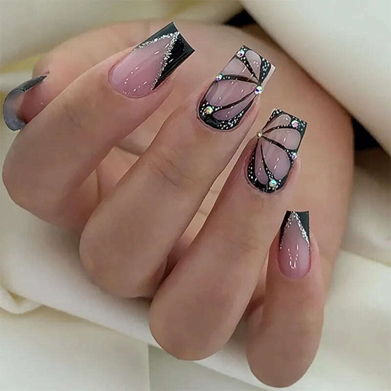 24Pcs Simple Square False Nails Short French Fake Nails Press on Colorful Flowers Design Full Cover Nail Tips Manicure Tools - KIMLUD