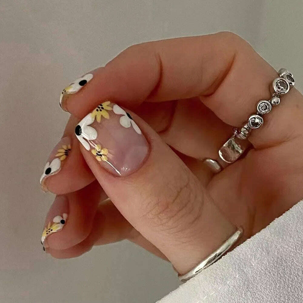 24Pcs Simple Square False Nails Short French Fake Nails Press on Colorful Flowers Design Full Cover Nail Tips Manicure Tools - KIMLUD