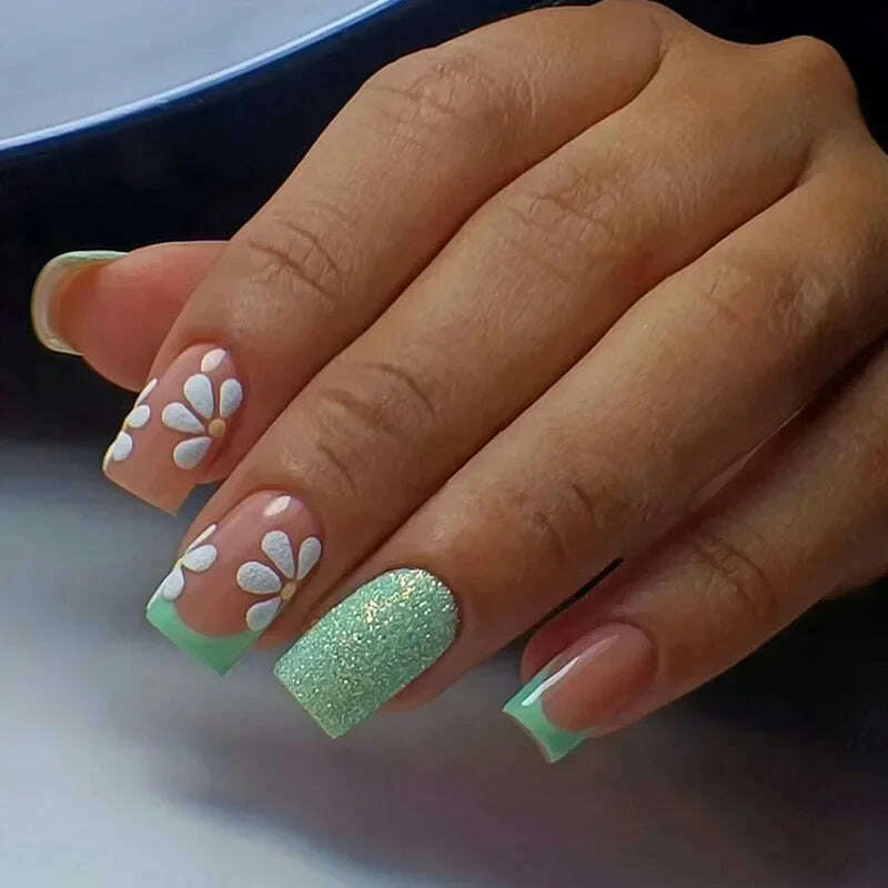 24Pcs Simple Square False Nails Short French Fake Nails Press on Colorful Flowers Design Full Cover Nail Tips Manicure Tools - KIMLUD