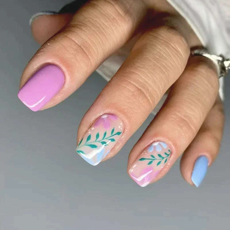24Pcs Simple Square False Nails Short French Fake Nails Press on Colorful Flowers Design Full Cover Nail Tips Manicure Tools - KIMLUD
